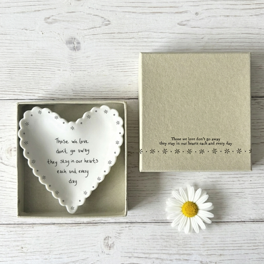 East of India Porcelain Scallop Heart Dish – Those We Love Don’t Go Away