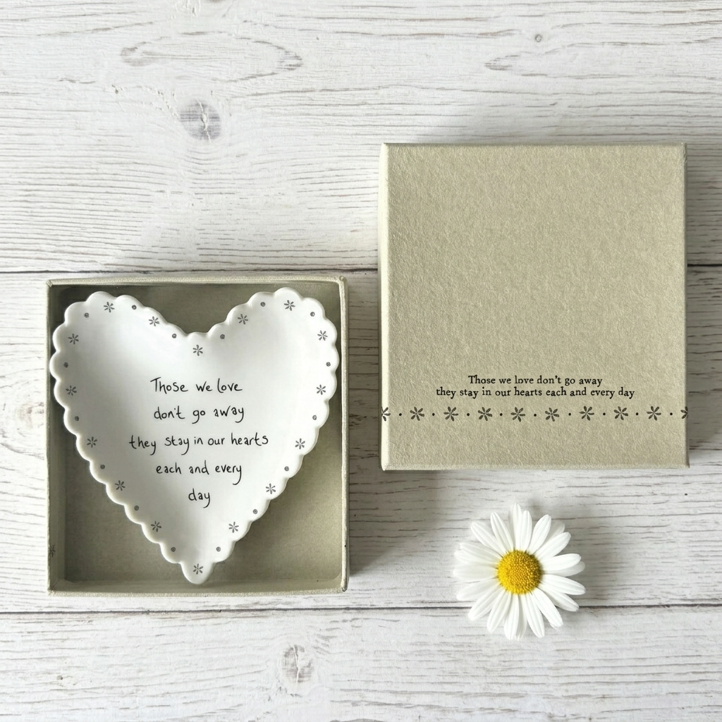East of India Porcelain Scallop Heart Dish – Those We Love Don’t Go Away