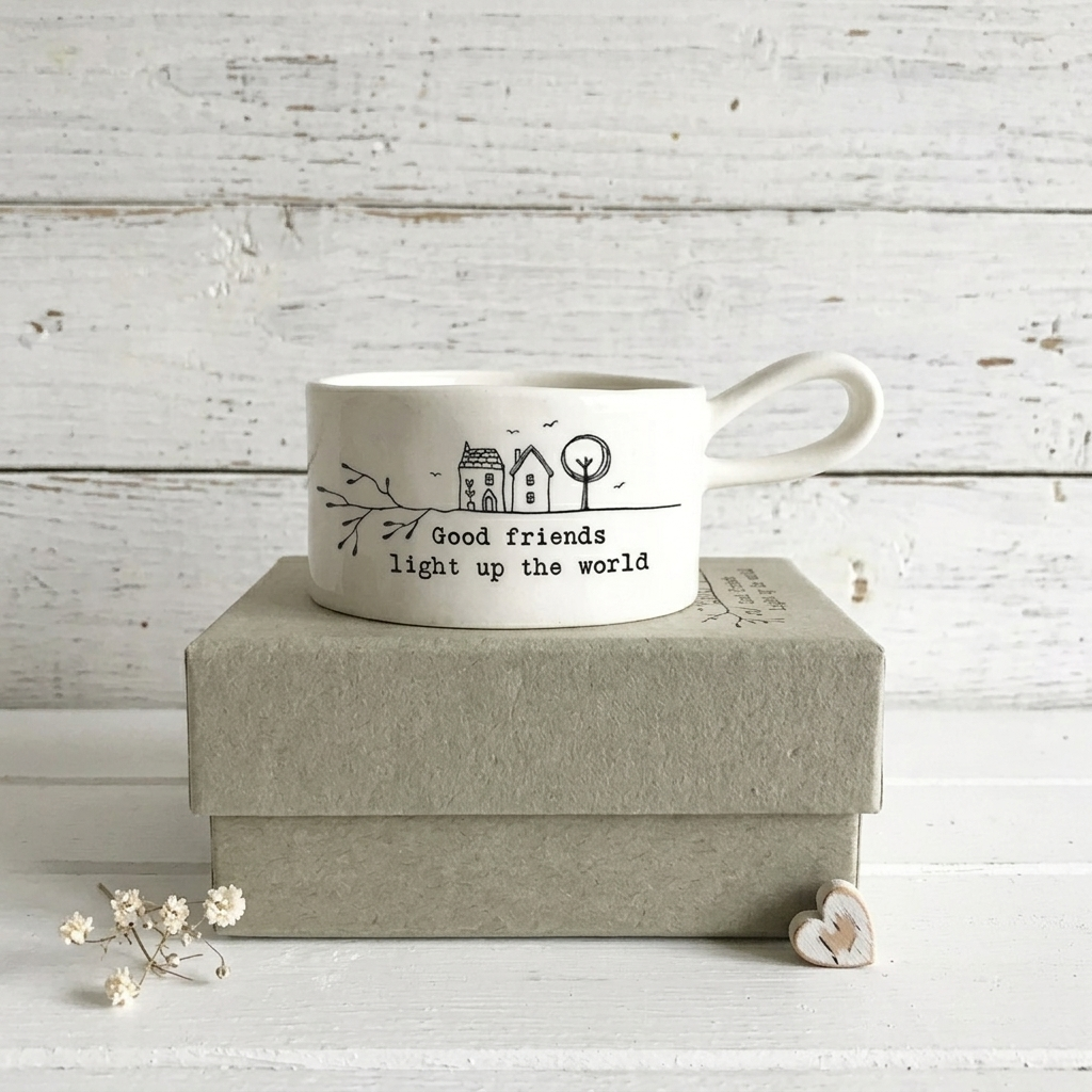 East of India Porcelain Tealight Holder – Good Friends Light Up The World – Friendship Gift