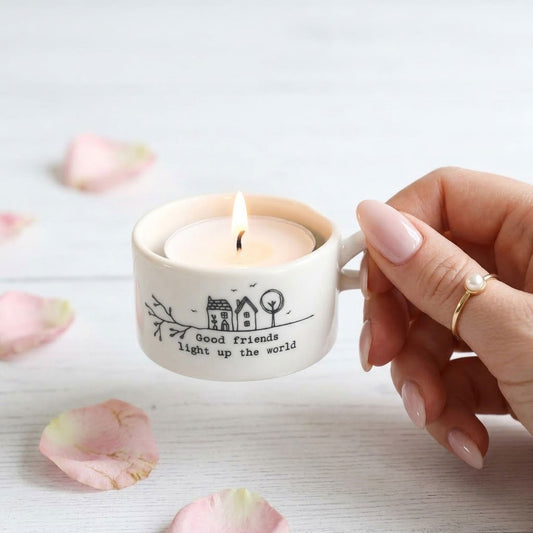 East of India Porcelain Tealight Holder – Good Friends Light Up The World – Friendship Gift