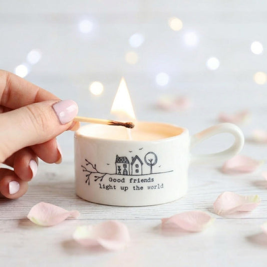 East of India Porcelain Tealight Holder – Good Friends Light Up The World – Friendship Gift