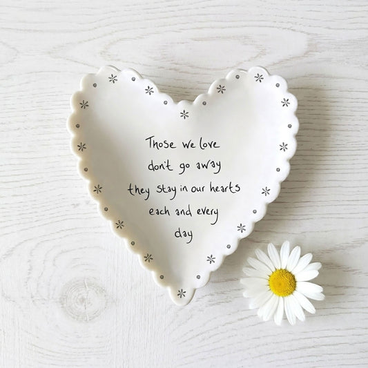 East of India Porcelain Scallop Heart Dish – Those We Love Don’t Go Away